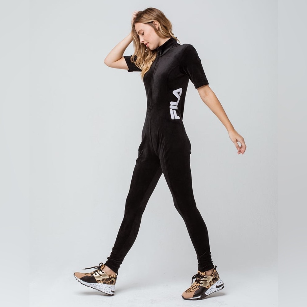 FILA Rosalind Jumpsuit Black Velour Knit Side Logo